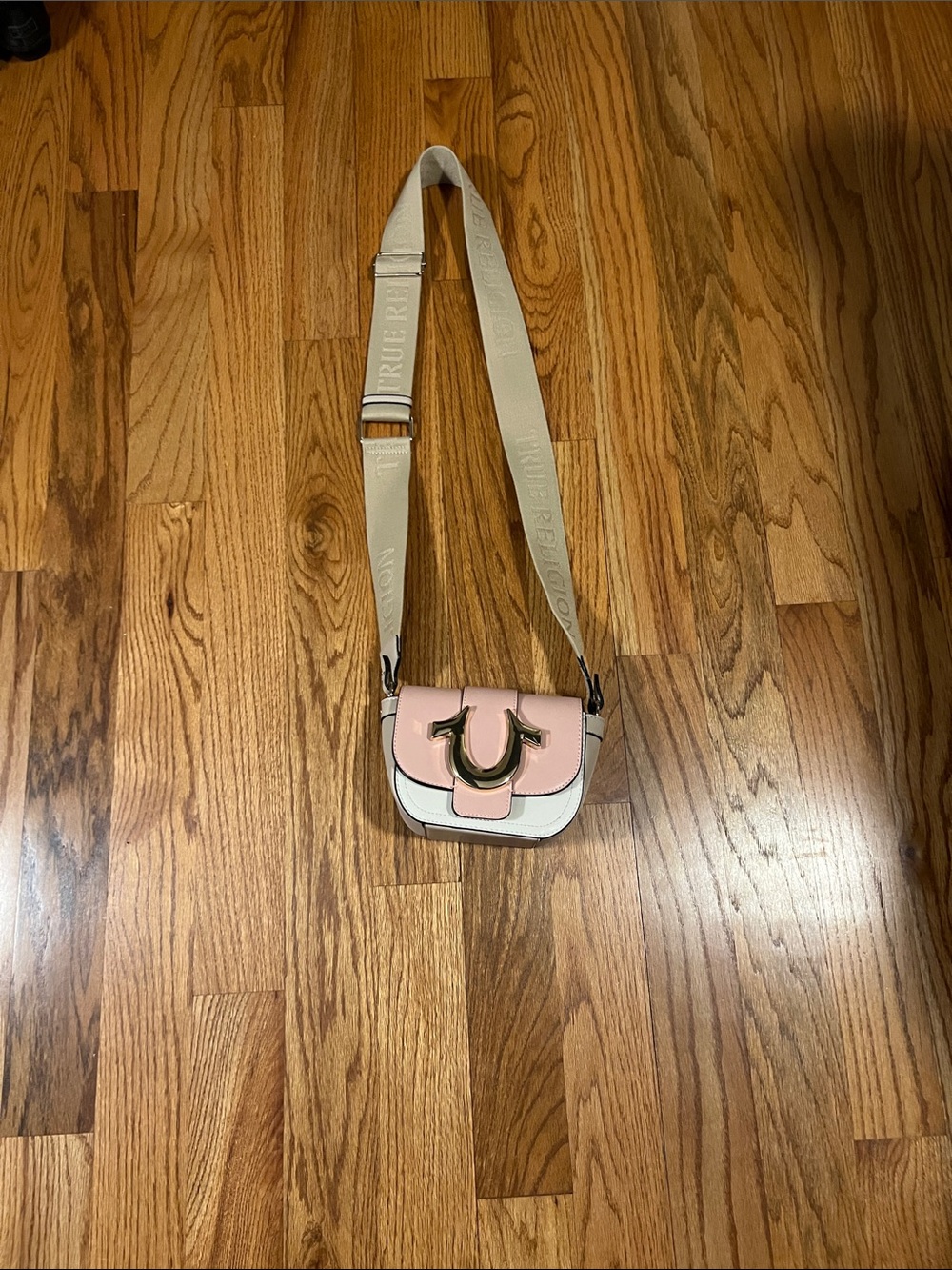 True Religion Small Pink and Cream Crossbody Bag with Gold Hardware